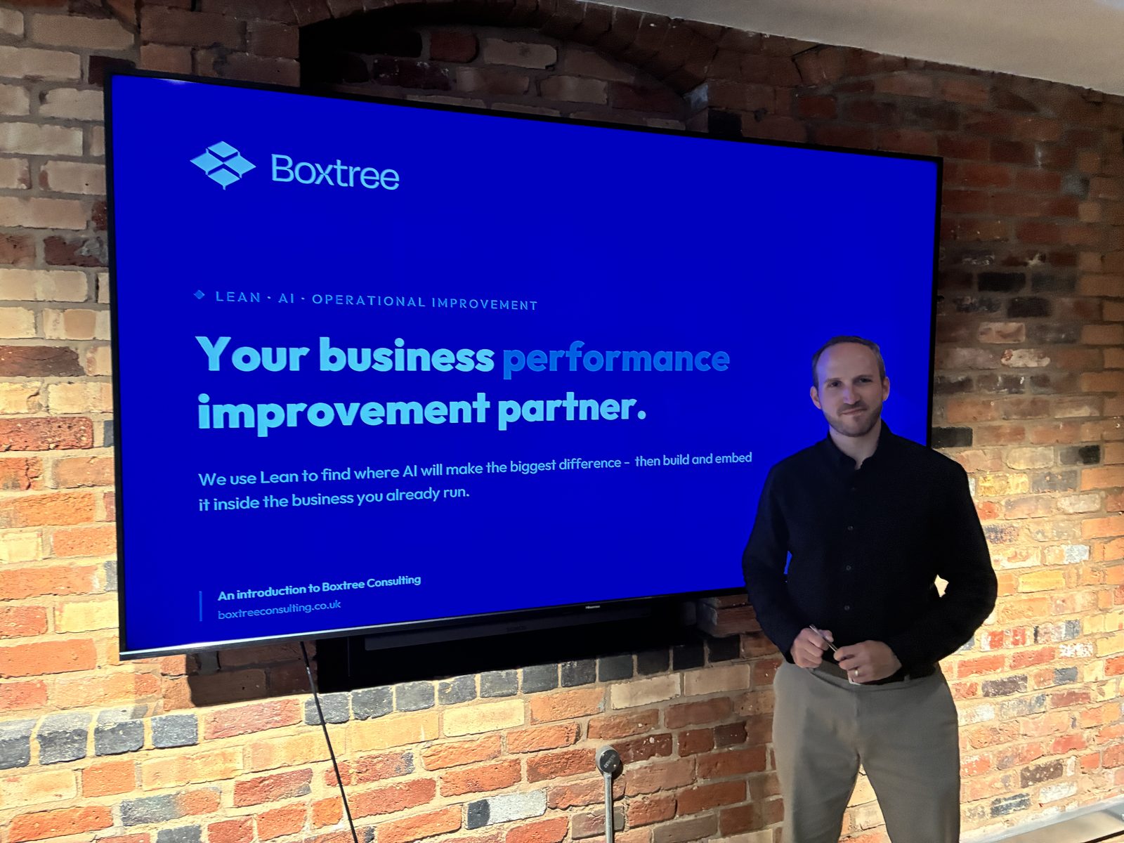 Max Pardo-Roques, founder and chief executive of Boxtree Consulting, presenting the company's introduction at its Birmingham launch